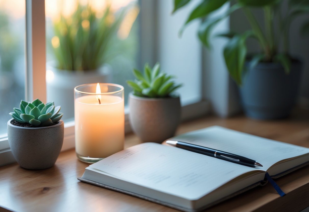 A peaceful workspace with a candle, succulent plant, open journal, and soft natural light creating a calming atmosphere.