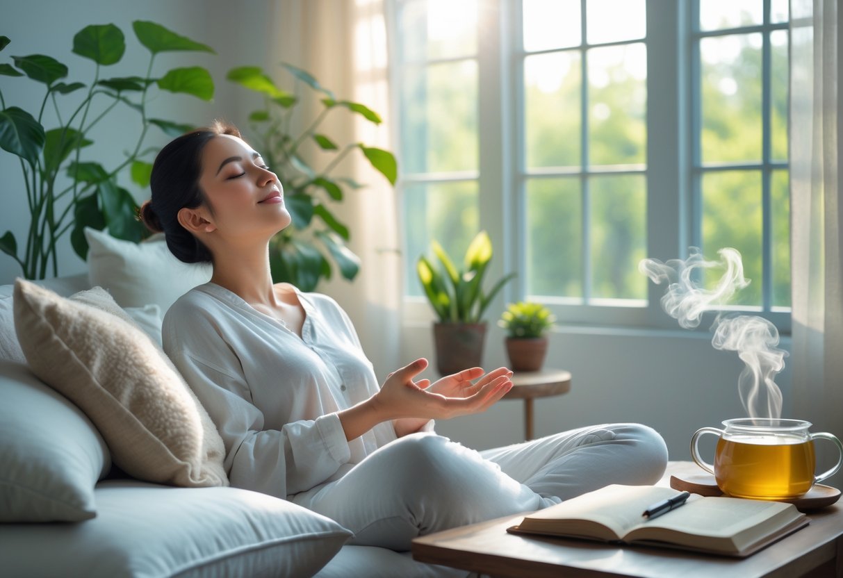 A person sitting peacefully in a bright room with eyes closed, surrounded by plants and natural light, with a cup of tea and an open journal nearby.