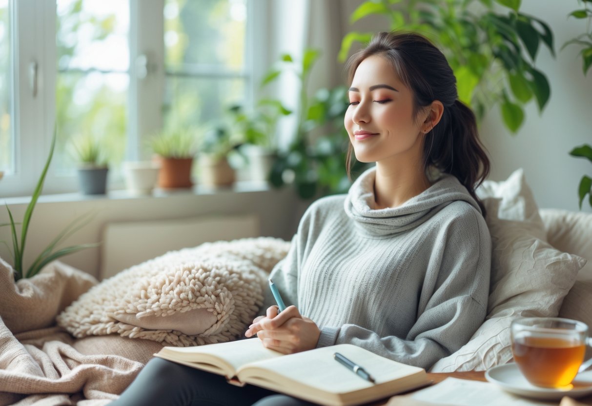 A woman sitting peacefully in a bright room with her eyes closed, surrounded by plants and cozy items, appearing calm and relaxed.