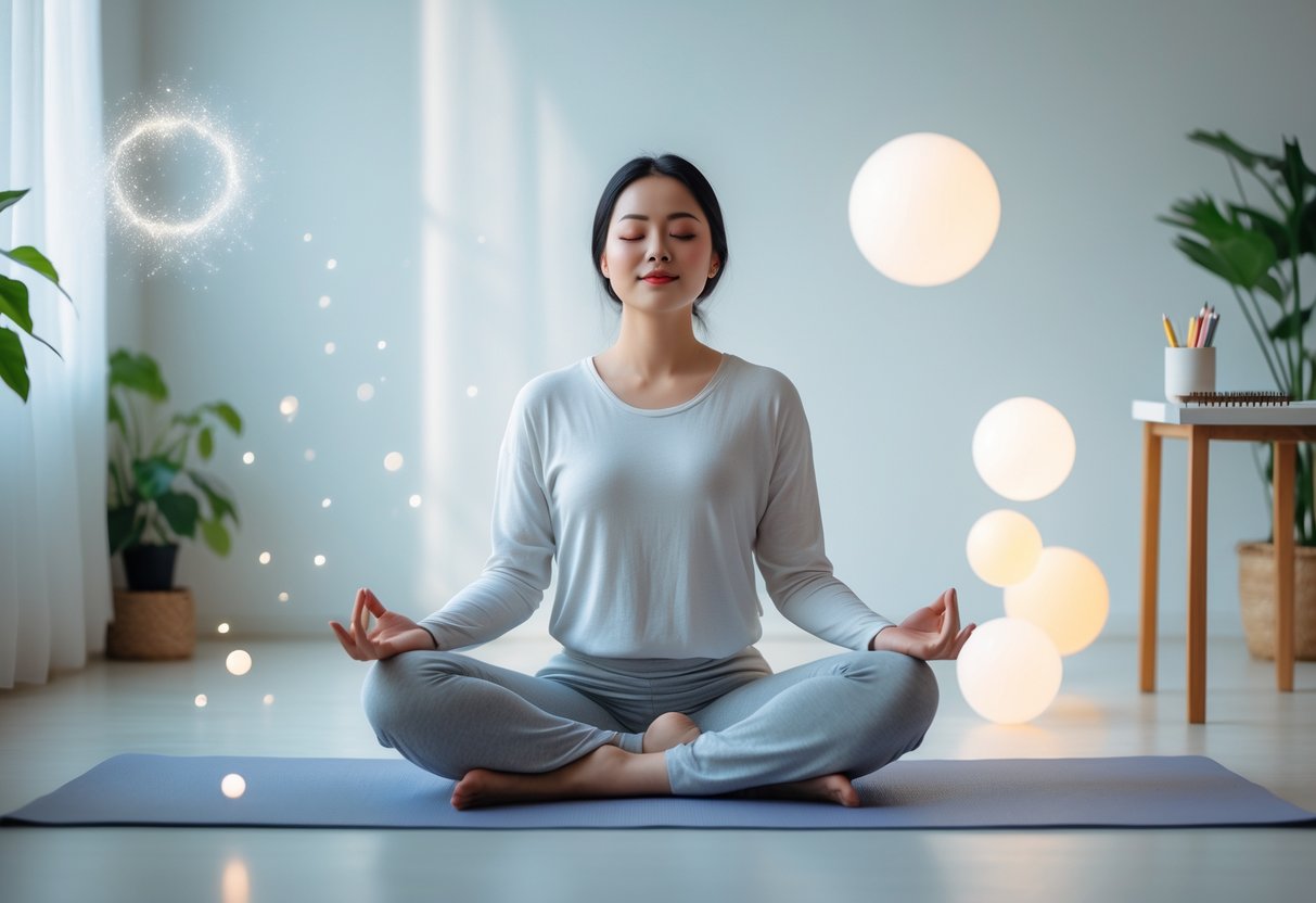 A person sitting cross-legged with eyes closed in a bright room, meditating peacefully with a journal and plants nearby.