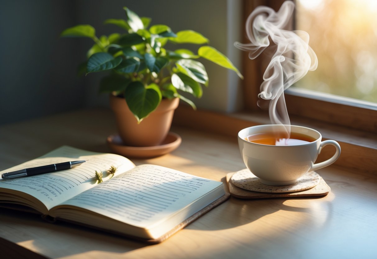 A peaceful workspace with an open journal, a pen, a steaming cup of tea, and a small green plant on a wooden desk.