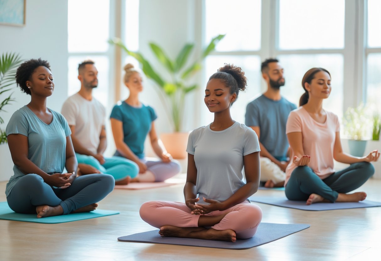 A diverse group of people quietly meditating indoors with calm and confident expressions, surrounded by plants and soft natural light.
