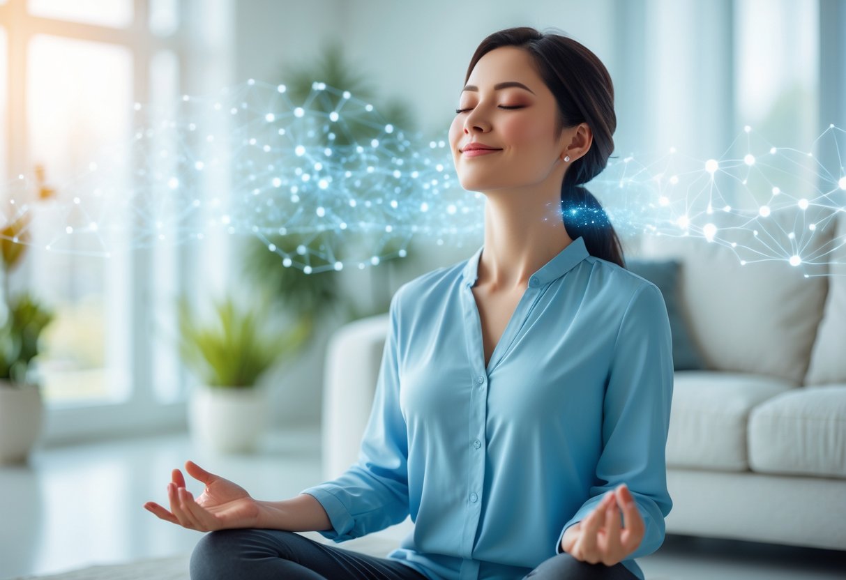 A woman sitting peacefully in a bright room with eyes closed, meditating calmly with soft light and plants around her.