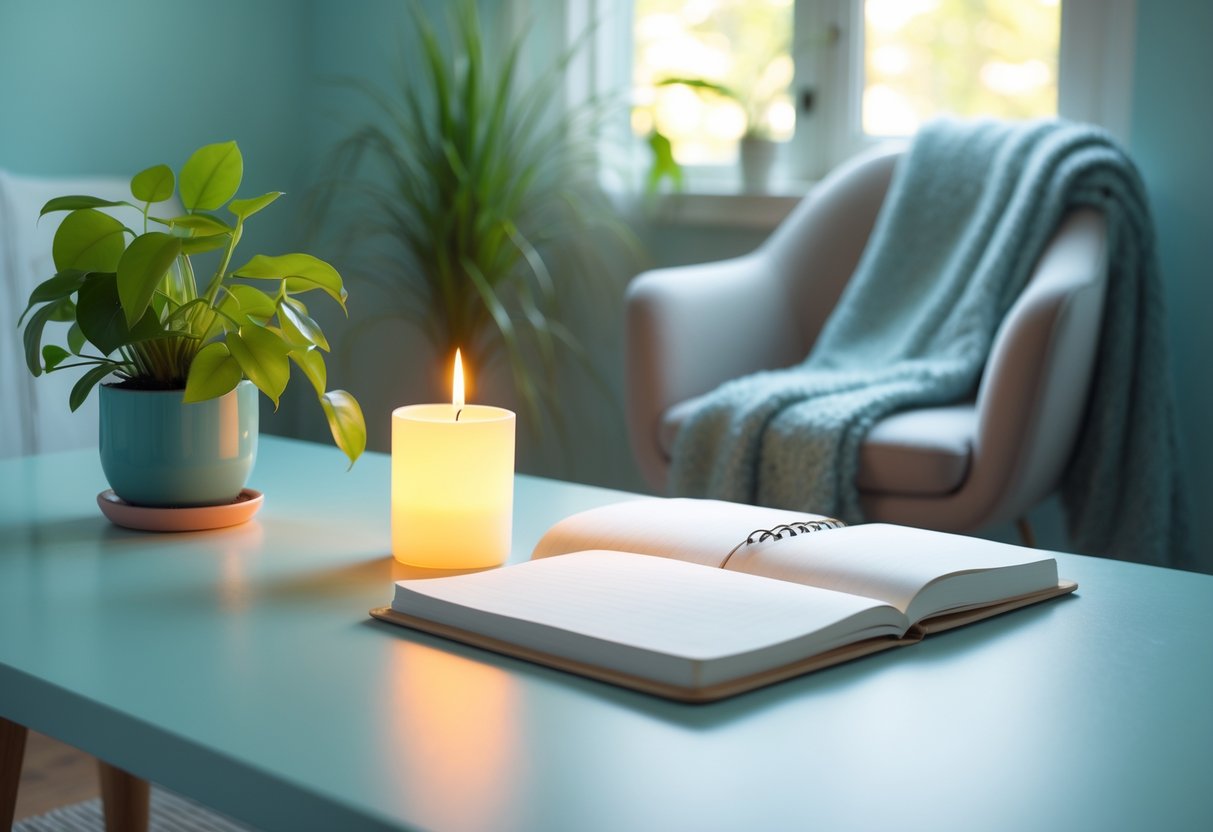 A peaceful workspace with a candle, indoor plant, open journal, and soft natural light creating a calming atmosphere.