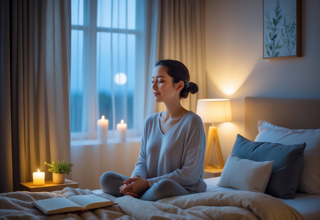 A peaceful woman sitting quietly on a bed in a softly lit bedroom at night, with a candle and journal on a nearby nightstand.