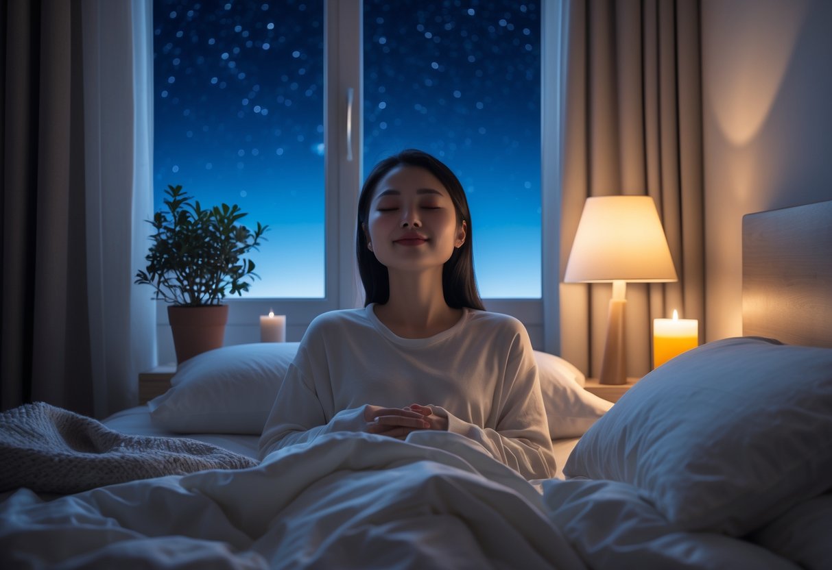 A person sitting peacefully on a bed at night with eyes closed, surrounded by soft lighting and calming bedroom elements.