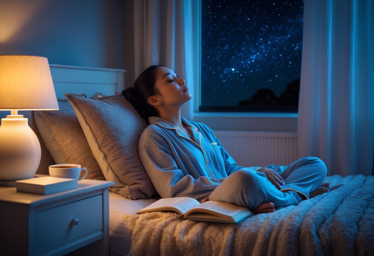 A person sitting peacefully on a bed in a softly lit bedroom at night, with a journal and cup of tea on the bedside table.