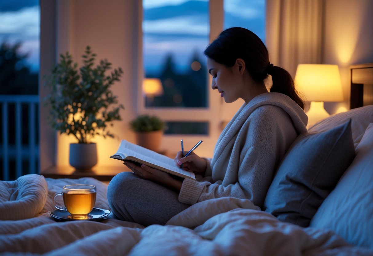 A person sitting on a bed in a softly lit bedroom at dusk, writing in a journal with calming decor around them.