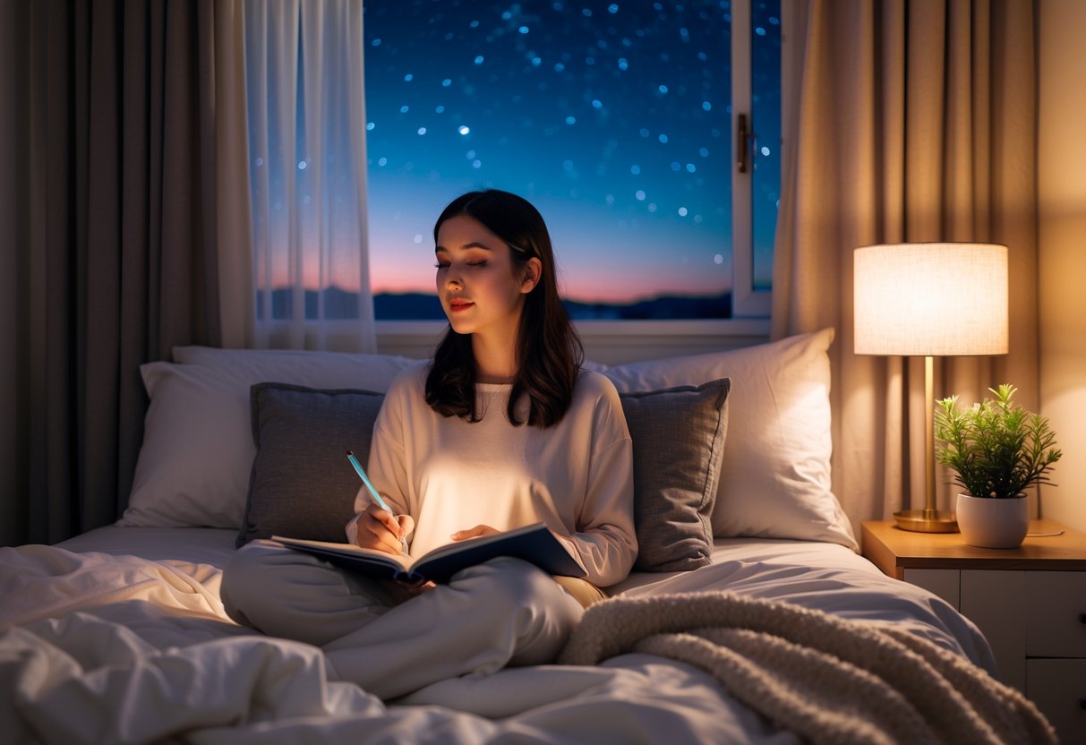 A person sitting on a bed at night, writing in a journal with a cup of tea on the bedside table and a starry night sky visible through a window.