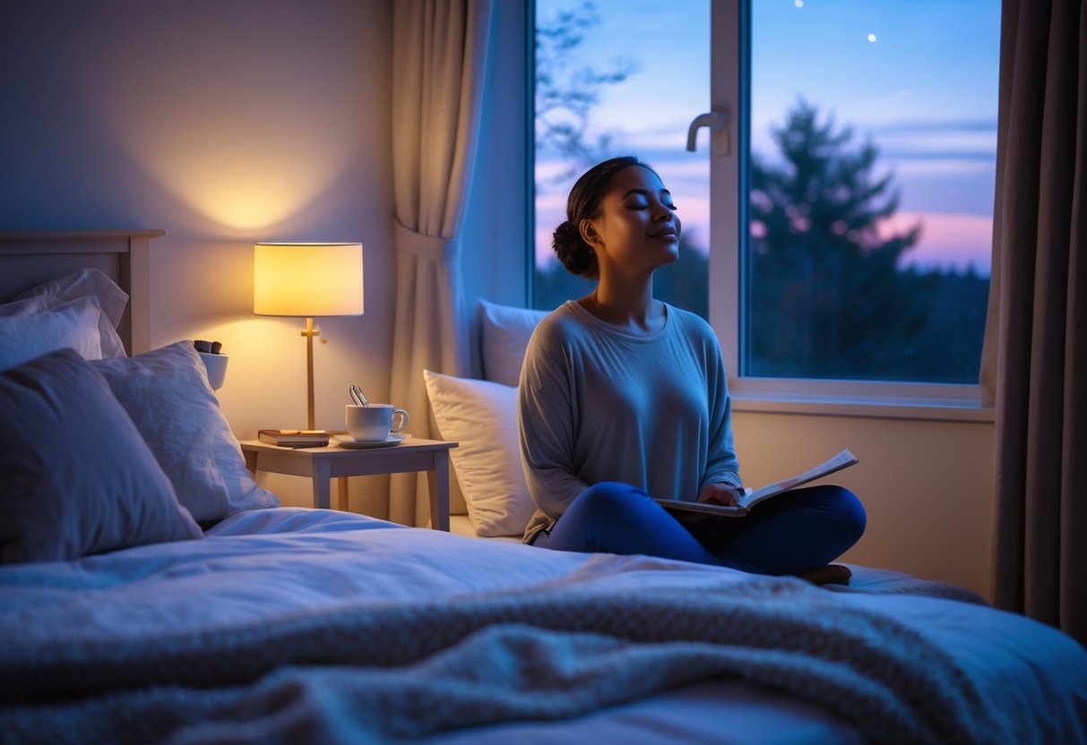 A person sitting peacefully on the edge of a bed in a softly lit bedroom at dusk, surrounded by cozy pillows and a warm blanket.