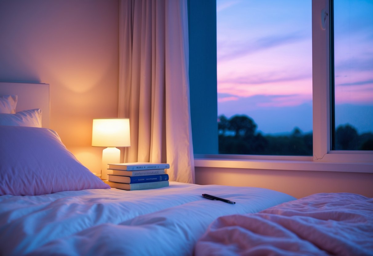 A peaceful bedroom at dusk with a cozy bed, a bedside lamp, books, and a journal on a nightstand, showing a calm and tranquil atmosphere.