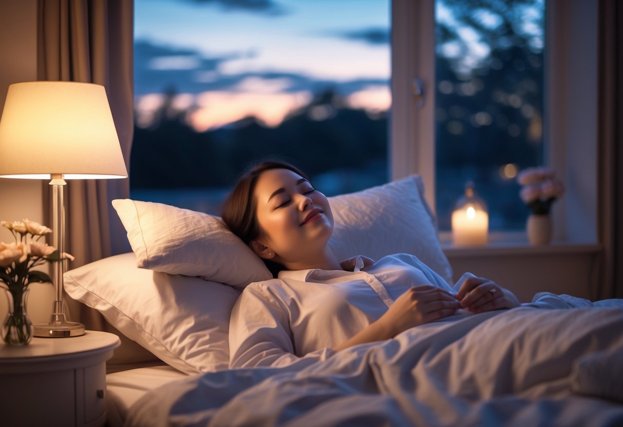 A person peacefully lying in bed with eyes closed in a cozy bedroom at dusk, surrounded by soft lighting and calming decor.