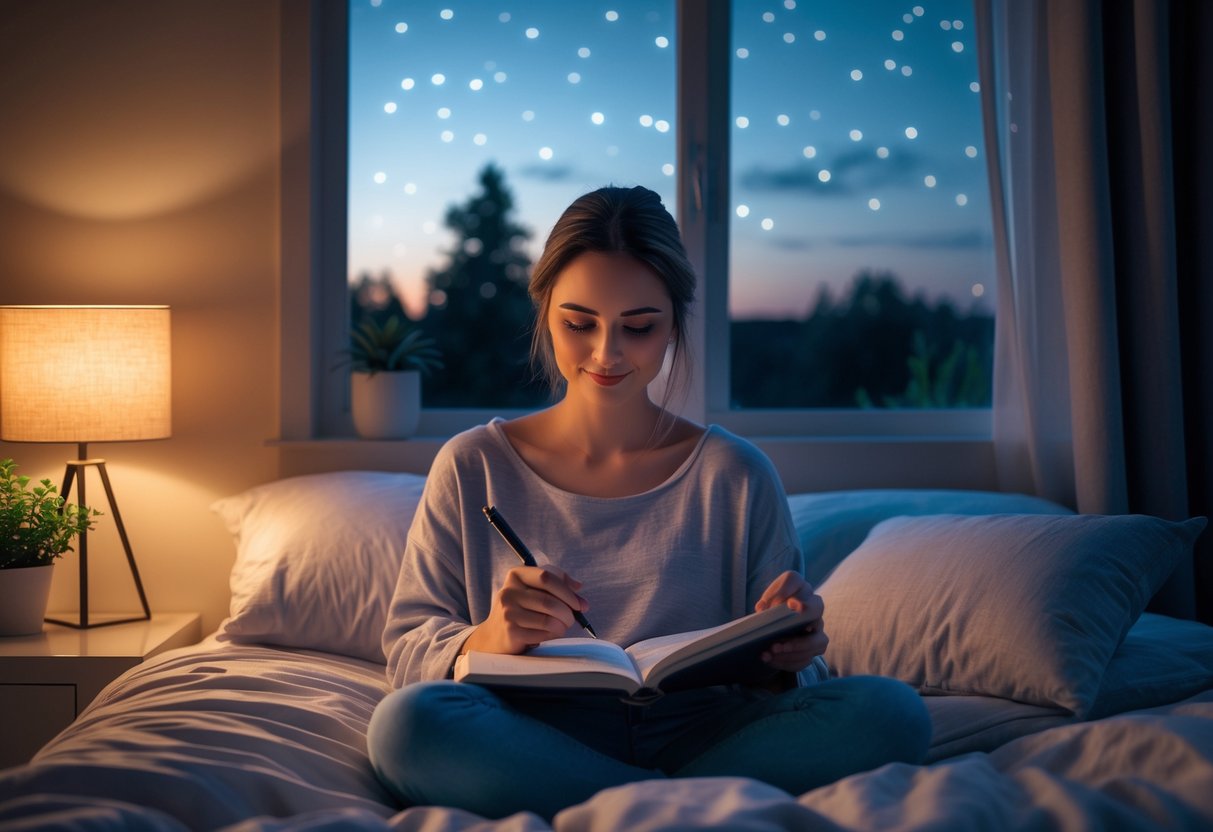 A person sitting on a bed in a softly lit bedroom at dusk, writing in a journal with a peaceful expression, surrounded by cozy bedding and a glowing bedside lamp.
