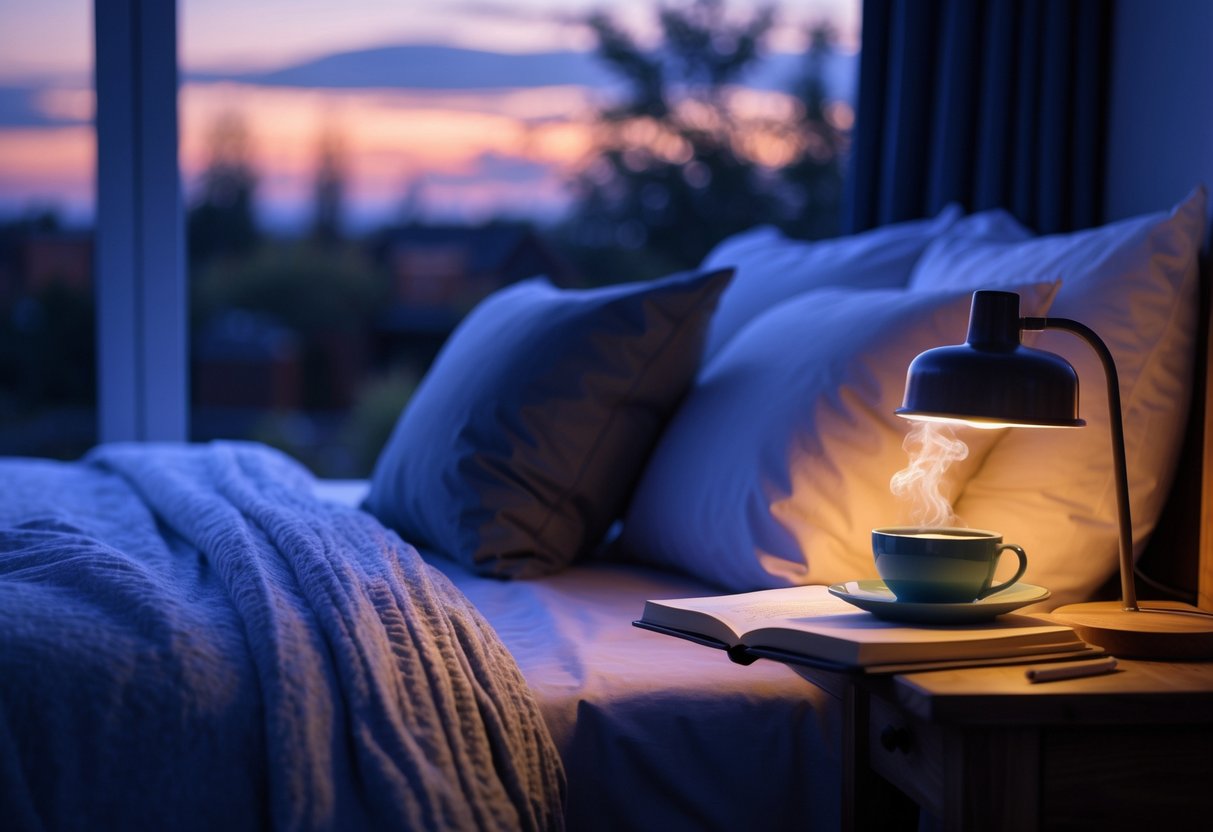 A cozy bedroom at dusk with a made bed, a bedside lamp casting warm light, a cup of tea, and an open journal on a nightstand by a window showing a twilight sky.