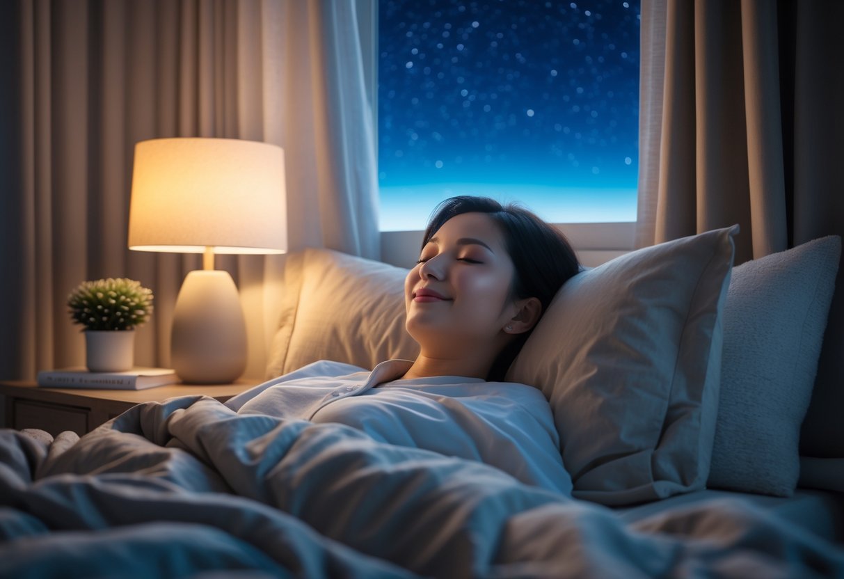 A person peacefully lying in bed at night with eyes closed, surrounded by a cozy bedroom and a starry night sky outside the window.