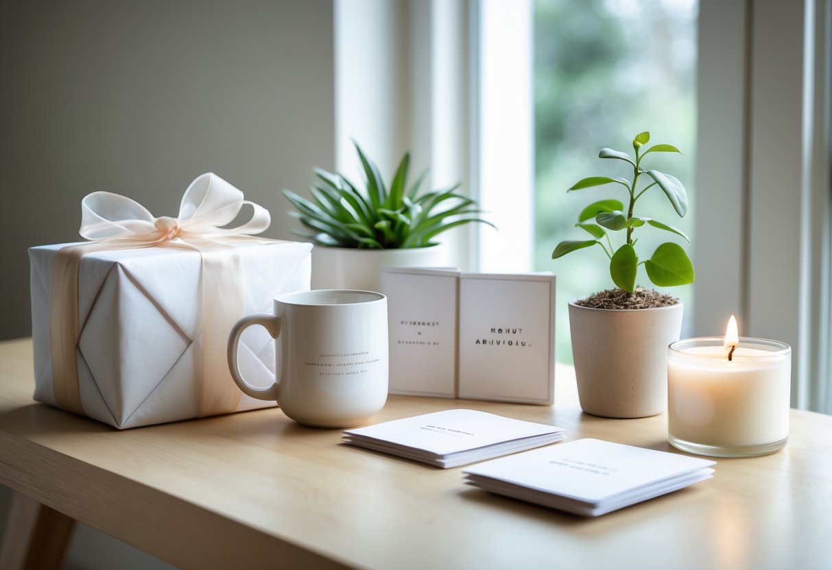 A table displaying wrapped gifts, a mug, a small plant, affirmation cards, and a candle arranged together.