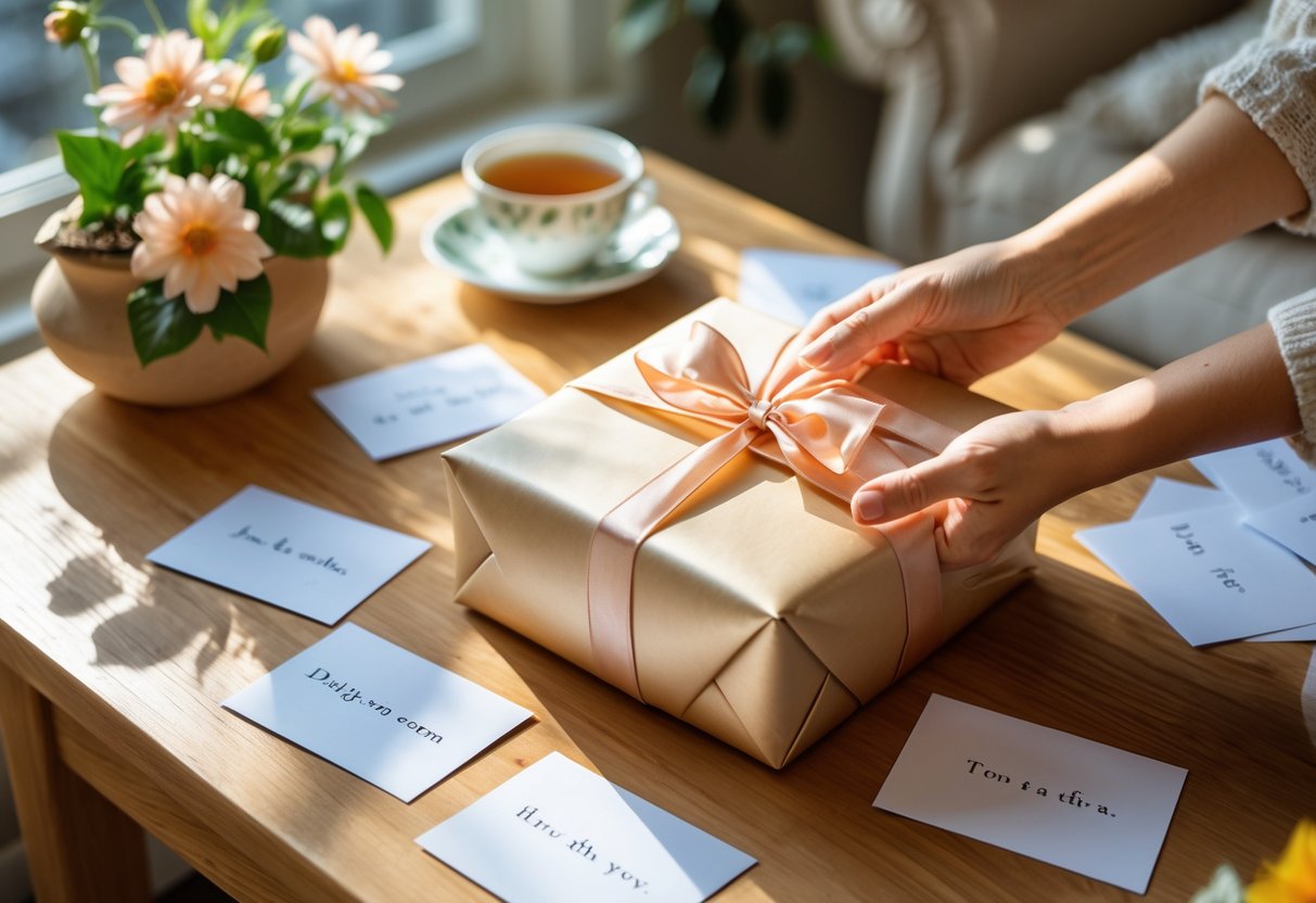 A person holding a small card near a wrapped gift box on a wooden table with flowers and a cup of tea nearby.
