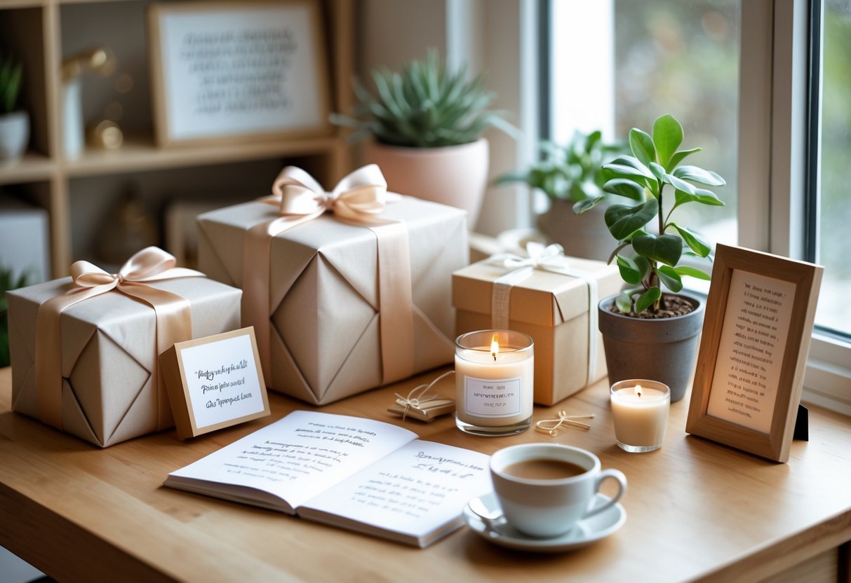 A cozy table with wrapped gifts, a journal, a candle, a small plant, and a cup of tea arranged to suggest thoughtful and meaningful daily affirmations.