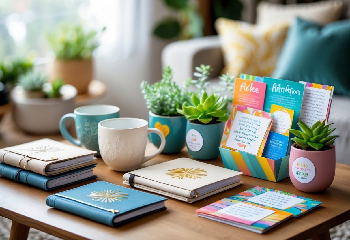 A table displaying mugs, journals, potted plants, and affirmation cards arranged as thoughtful gifts in a cozy room.