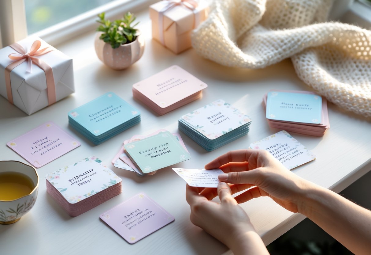 A hand picking up a small colorful card from a spread of affirmation cards on a wooden table, surrounded by a wrapped gift box, a cup of tea, and a knitted blanket.