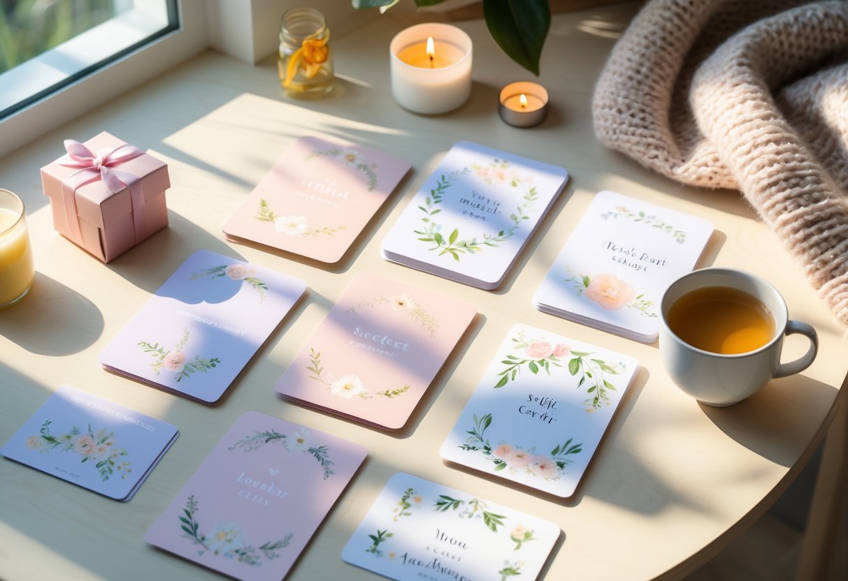 A set of colorful self-care cards arranged on a wooden table with a candle, tea cup, gift box, and a cozy blanket nearby.