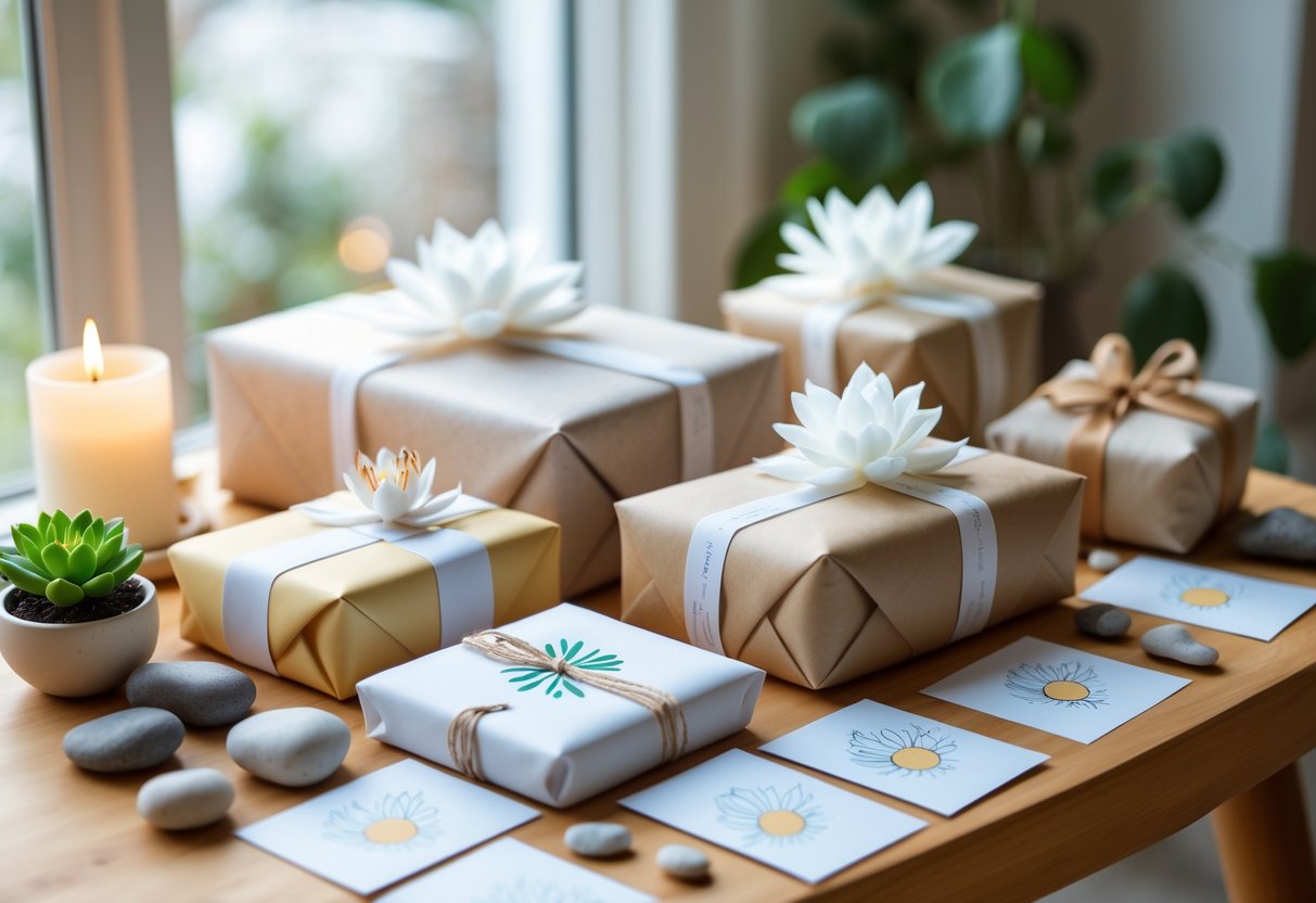 A collection of wrapped gifts with mindfulness symbols, surrounded by calming stones, a candle, and a small plant on a wooden table.