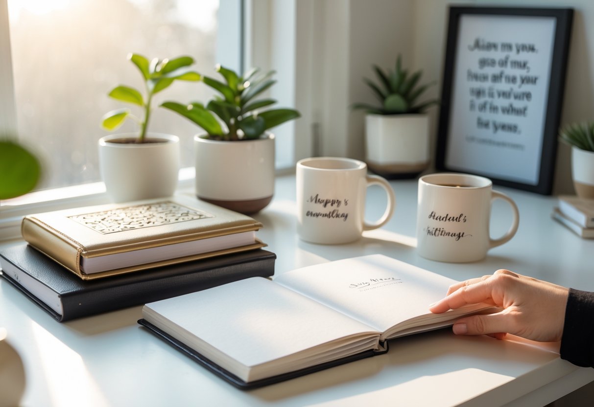 A desk with journals, mugs, a small plant, and a framed inspirational item, with a hand holding a journal.