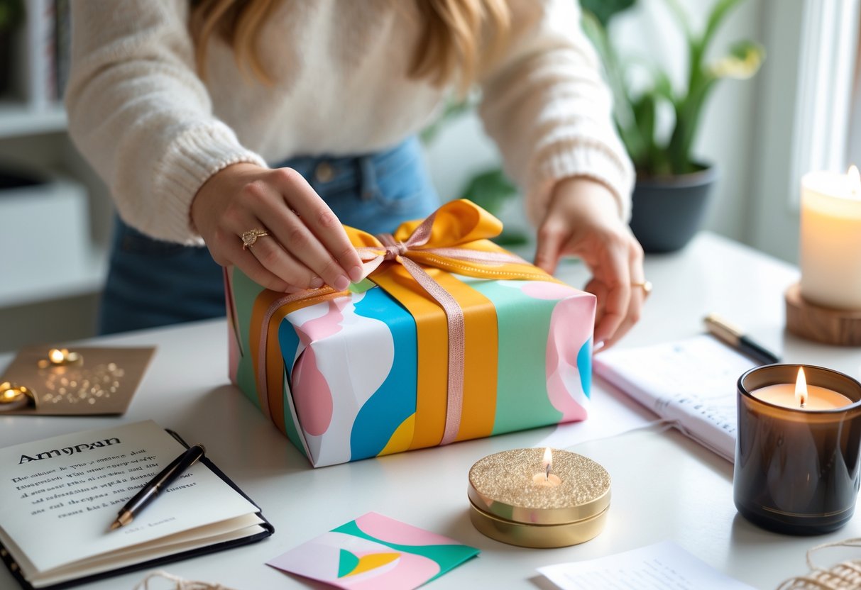 A person wrapping a gift box surrounded by inspirational items like affirmation cards, a journal, and a candle on a bright workspace.