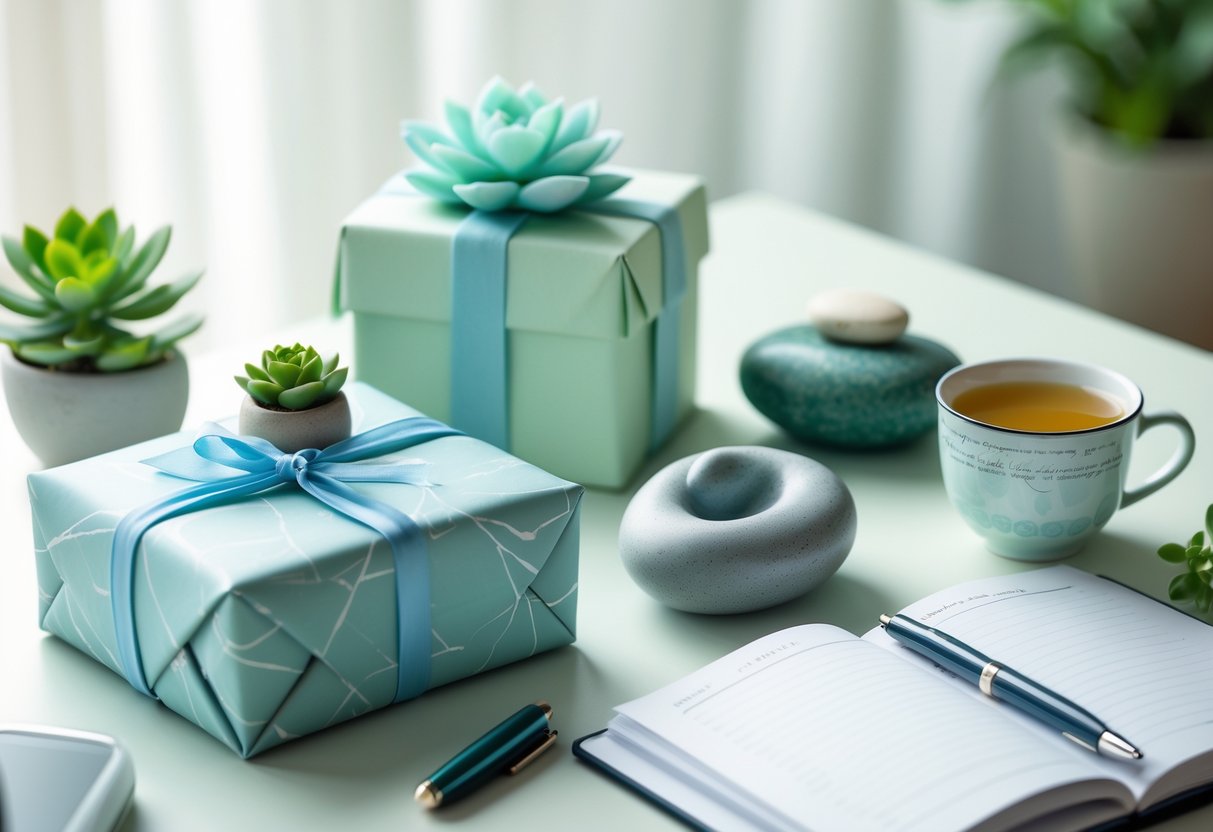 A peaceful workspace with a wrapped gift box, a small plant, a stress relief stone, a mug of herbal tea, and an open journal with a pen.