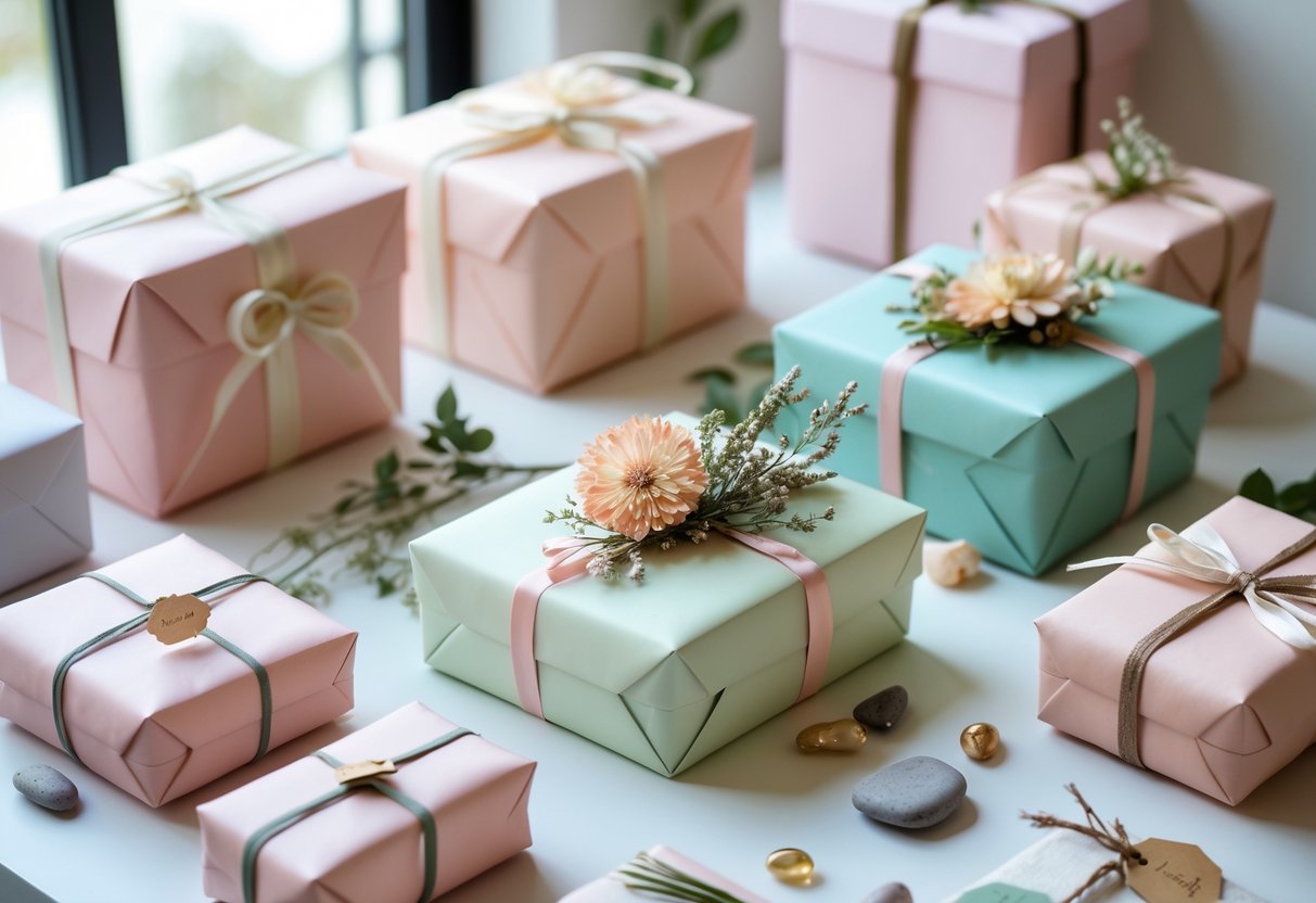 A collection of elegantly wrapped gift boxes with ribbons and natural decorations arranged on a bright surface.
