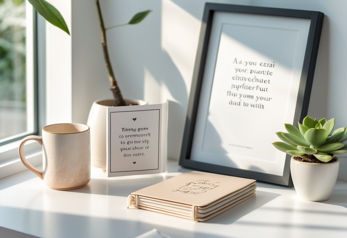 A desk with thoughtful gift items including a ceramic mug, notebook, framed abstract print, and a small potted plant in a bright, tidy workspace.