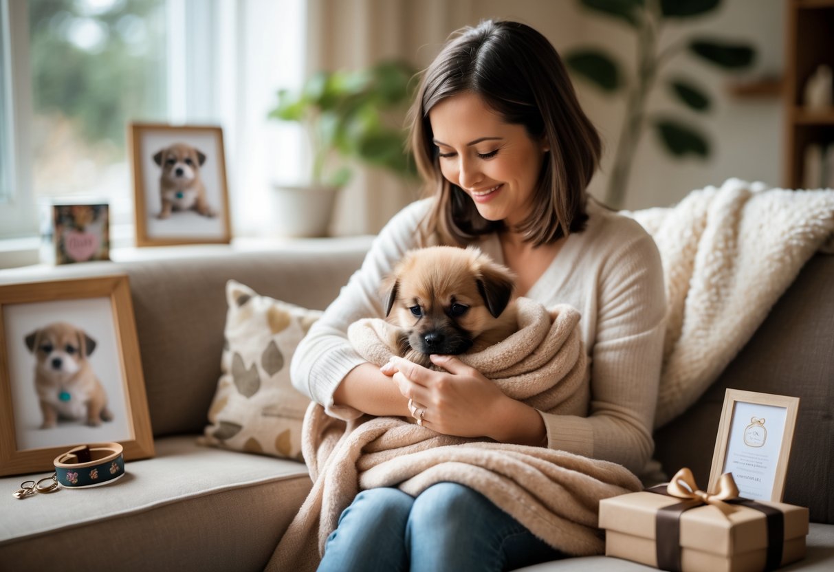 A person holding a small puppy wrapped in a blanket, surrounded by sentimental pet gifts in a cozy living room.
