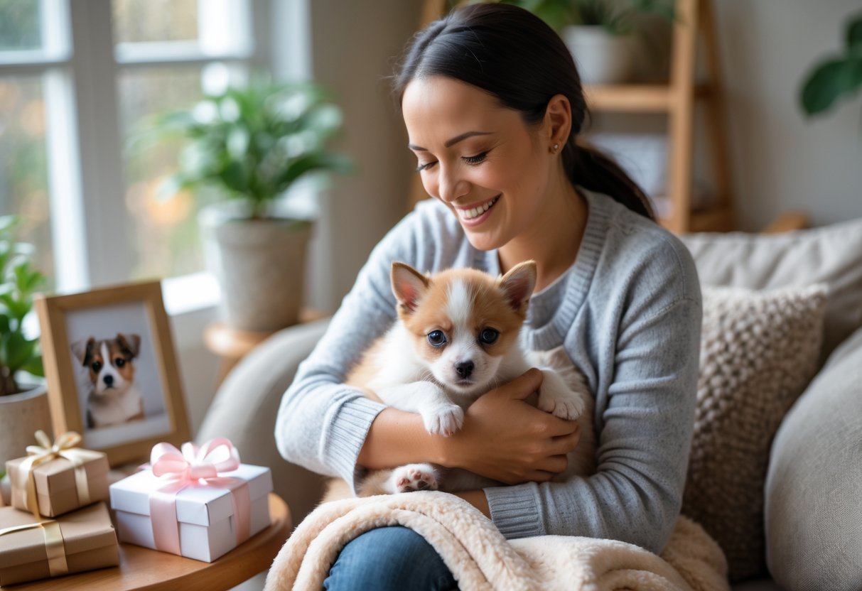 A new pet parent holding a small puppy in a cozy living room surrounded by sentimental pet gifts.