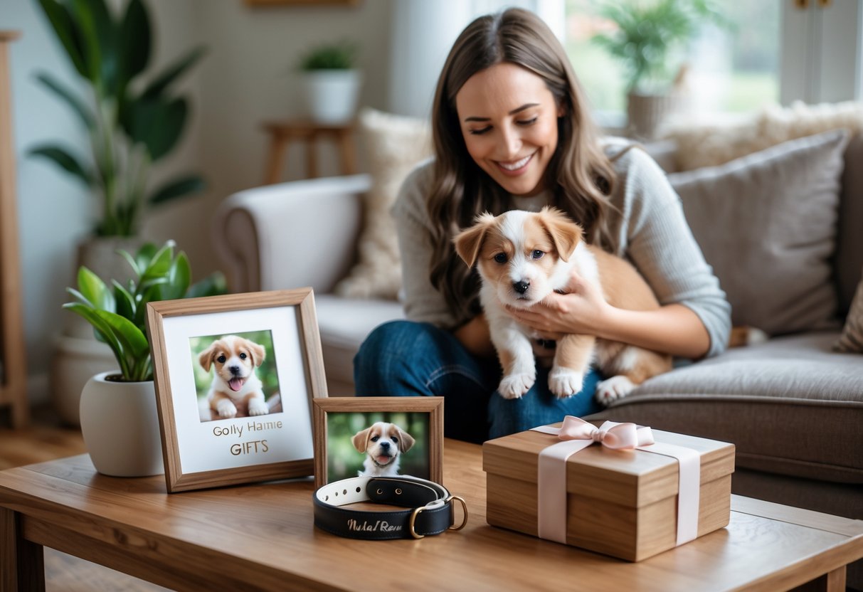 A new pet parent holding a small puppy in a cozy living room with personalized pet gifts arranged on a nearby table.