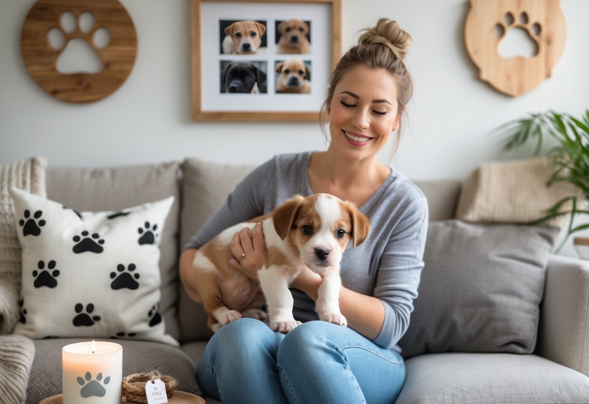 A new pet parent sitting on a sofa holding a puppy, surrounded by pet-themed home decor and sentimental gifts in a cozy living room.