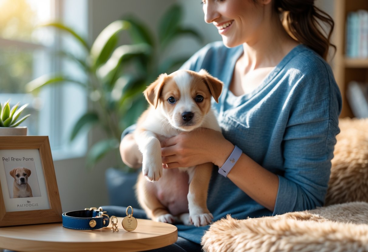 A person holding a small puppy in a cozy home surrounded by pet accessories like a collar, photo frame, and pet bed.
