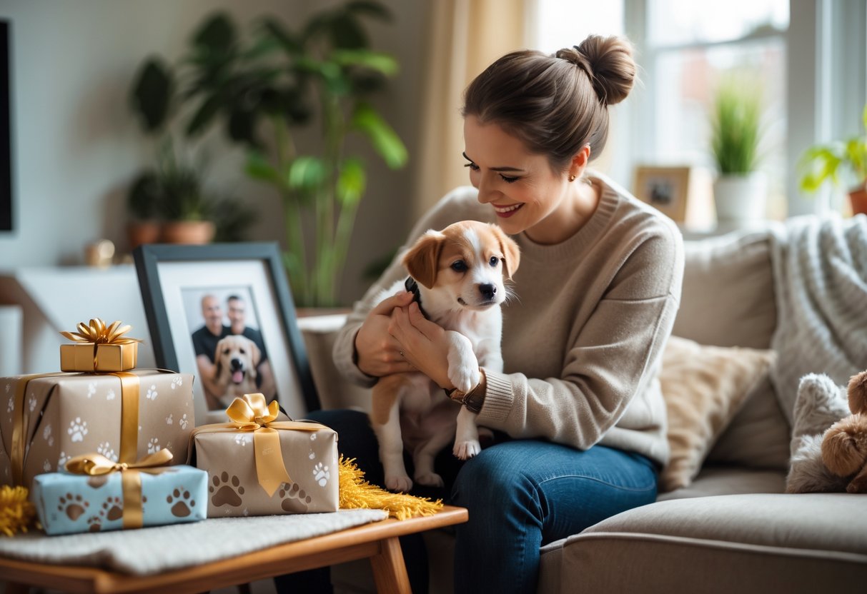 A person holding a small puppy in a cozy living room surrounded by wrapped gifts and pet accessories.
