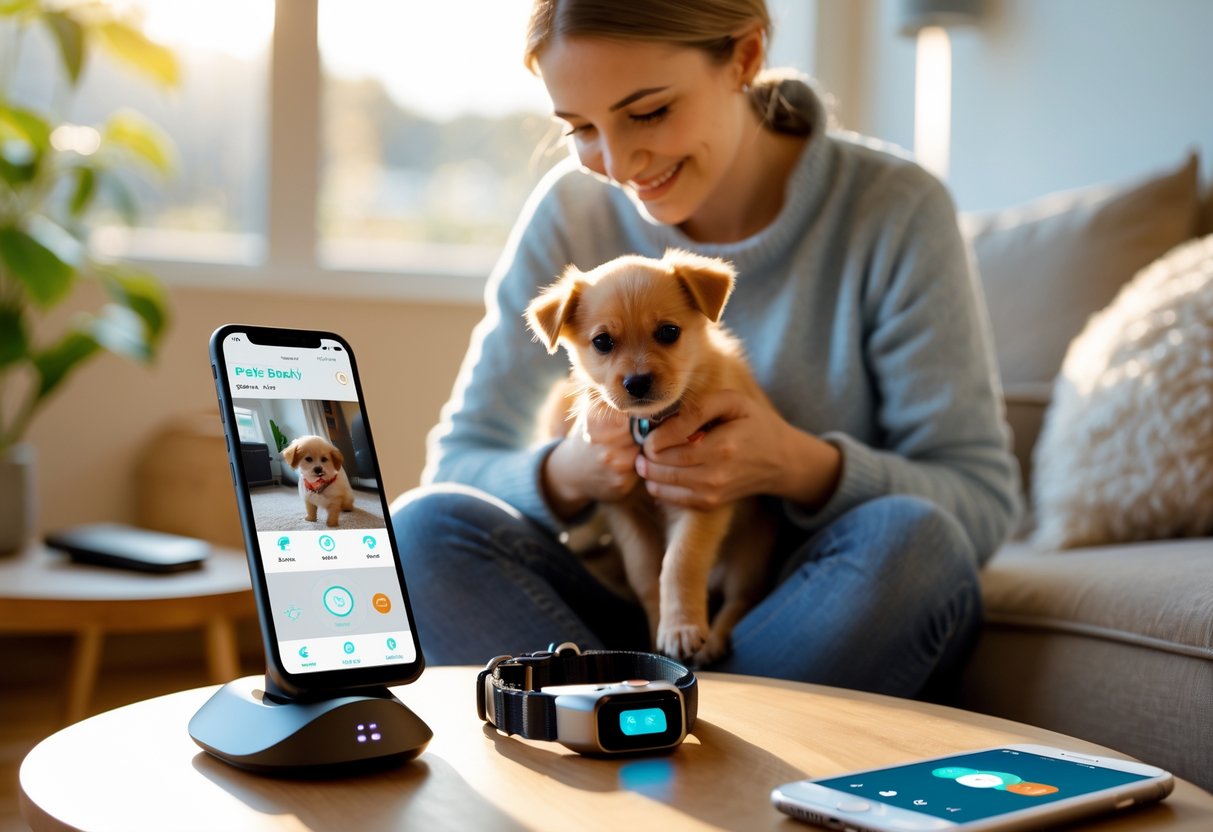 A person gently holding a small puppy in a cozy living room with pet tech devices like a smart camera and GPS collar on a nearby table.