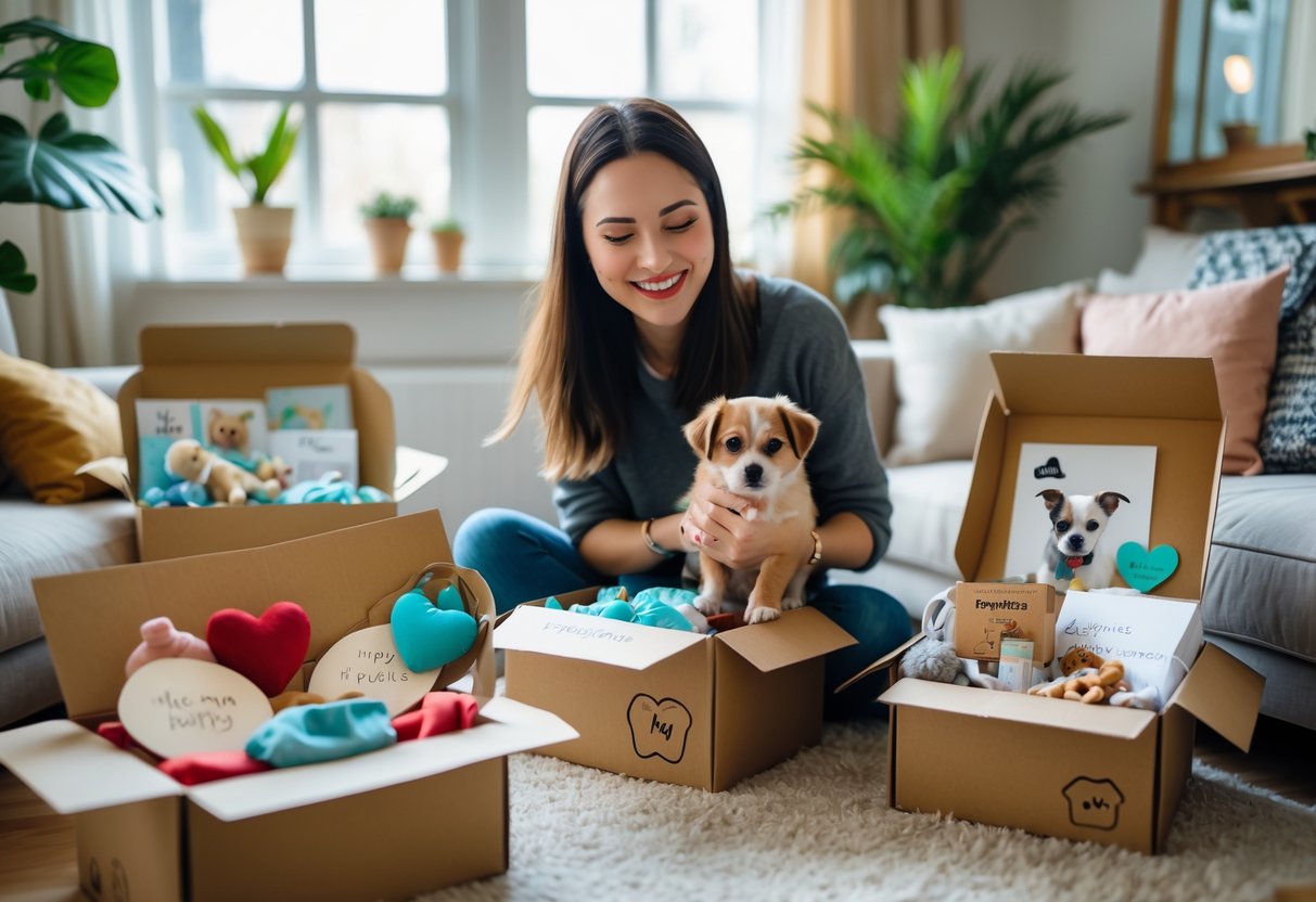A new pet owner happily holding a small puppy next to open boxes filled with pet toys and gifts in a cozy living room.