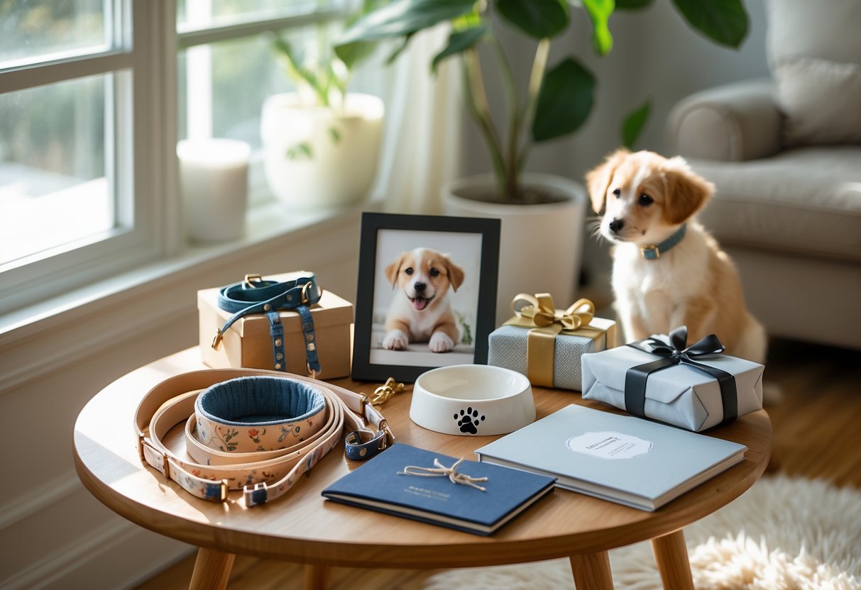 A cozy home table with pet care items and a small dog or cat resting nearby.