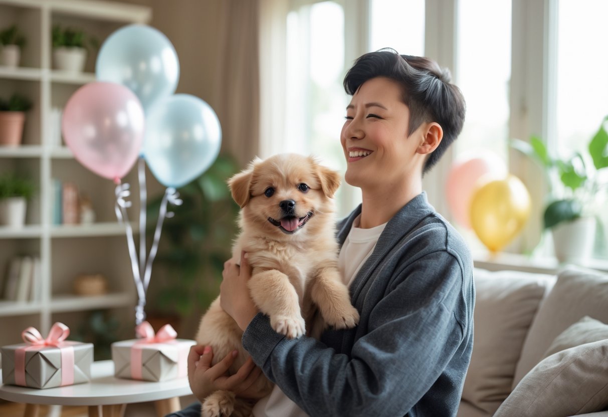 A person happily holding a small puppy in a cozy living room decorated for a celebration with gifts and balloons.