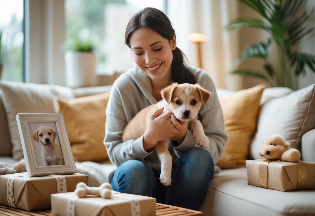 A new pet parent holding a small puppy in a cozy living room surrounded by thoughtful pet gifts.