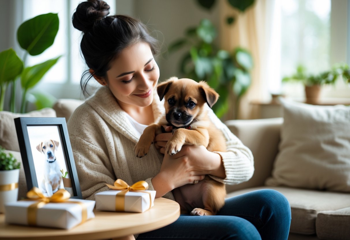 A person holding a small puppy lovingly in a cozy living room with pet-related gift items nearby.