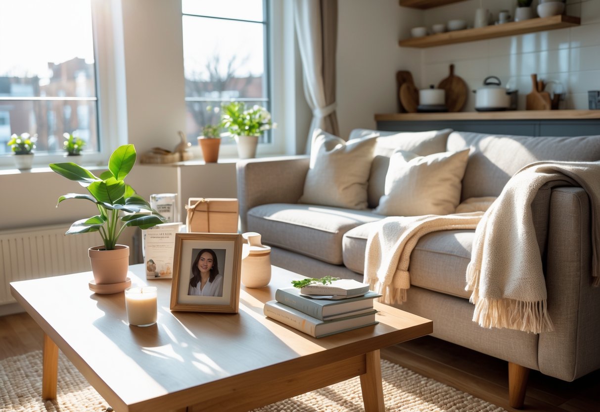 A cozy living room with meaningful gifts like a plant, candle, framed photo, throw blanket, kitchenware, and books arranged in a bright apartment.