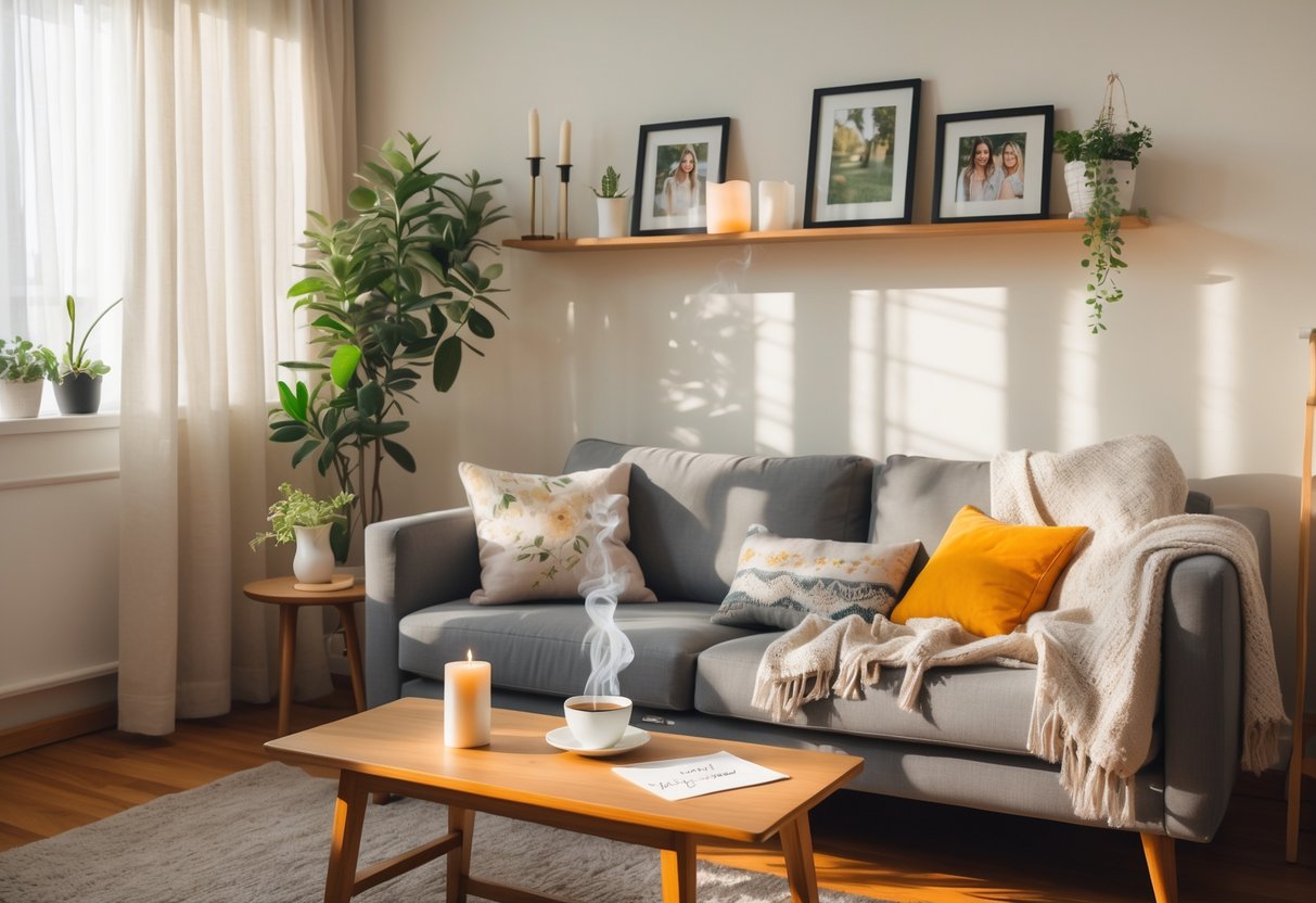 A cozy living room with personal decor items including plants, candles, photos, and a handwritten note on a coffee table.