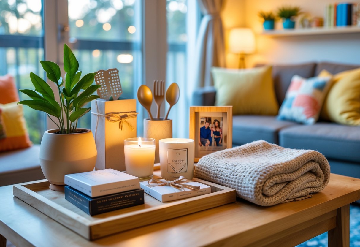 A cozy first apartment interior with housewarming gifts like a potted plant, kitchen utensils, candle, throw blanket, and decorative vase arranged on a wooden table near a window.