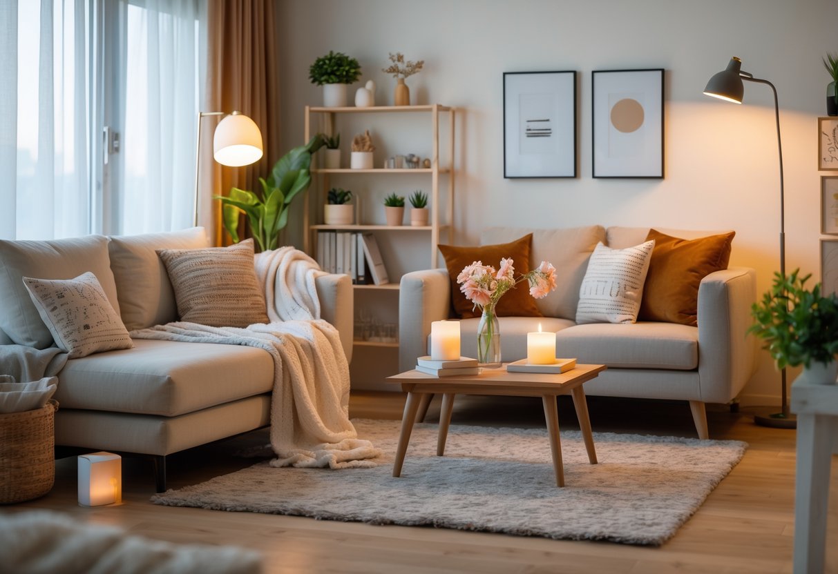 A cozy living room in a first apartment with a sofa, throw blanket, pillows, coffee table with candle and flowers, floor lamp, framed artwork, bookshelf with plants and personal items.