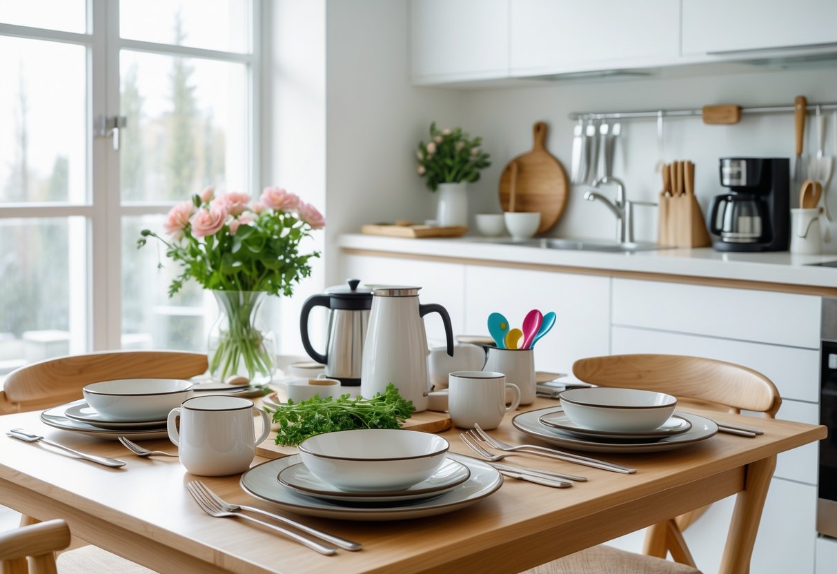 A modern kitchen and dining area with a wooden table set with plates, mugs, silverware, and kitchen essentials like a coffee maker, chopping board with herbs, and a spice rack.