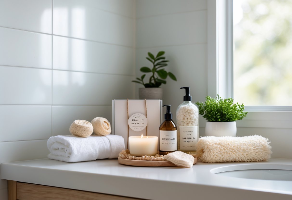 A bathroom countertop with self-care items including candles, towels, bath salts, a loofah, a soap dispenser, and a small green plant.