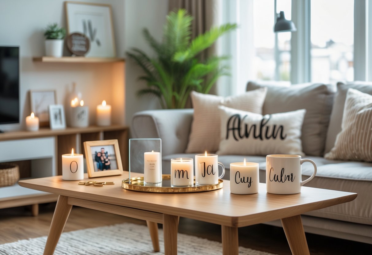 A cozy living room with personalized gifts like engraved photo frames, custom candles, and monogrammed pillows arranged on a coffee table and sofa.